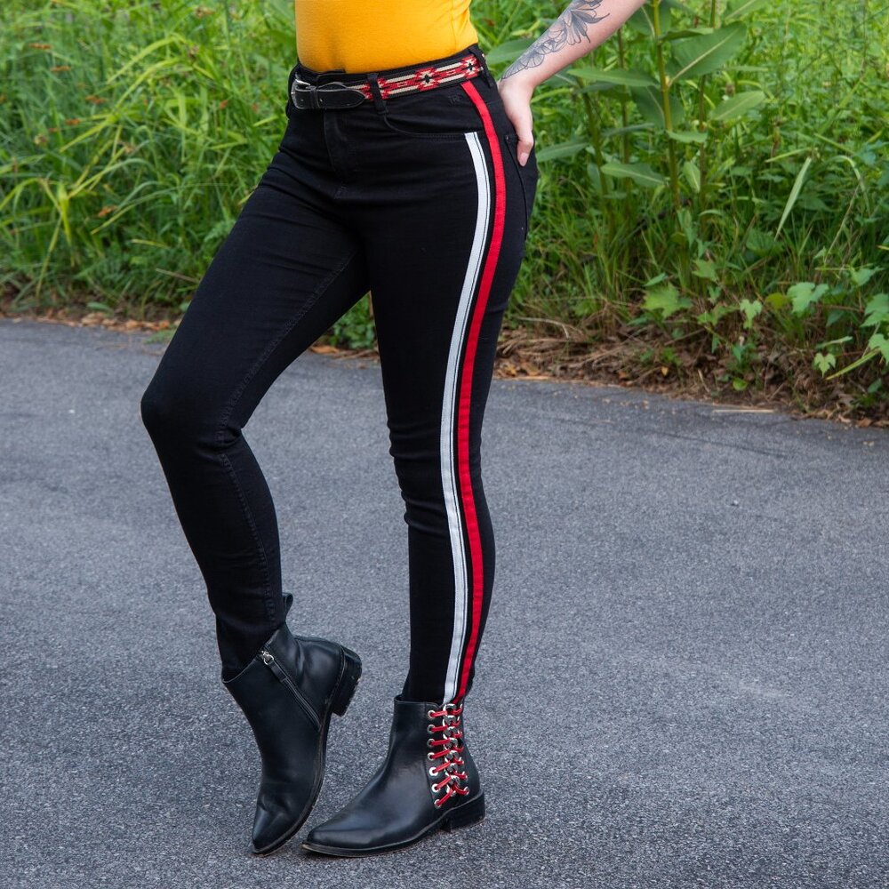 Black Skinny Jeans with Red & White Leg Stripes